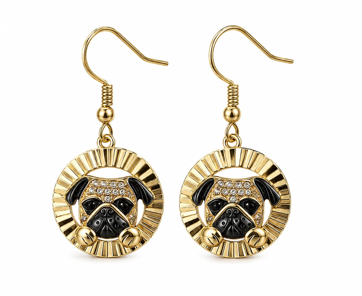 Pug Dangle Earrings, Gold-Tone Round Drop Earrings with Crystal Accents, Dog Lover Jewelry - Stainless Steel with Cubic Zirconia