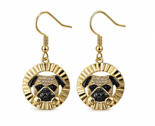 Pug Dangle Earrings, Gold-Tone Round Drop Earrings with Crystal Accents, Dog Lover Jewelry - Stainless Steel with Cubic Zirconia