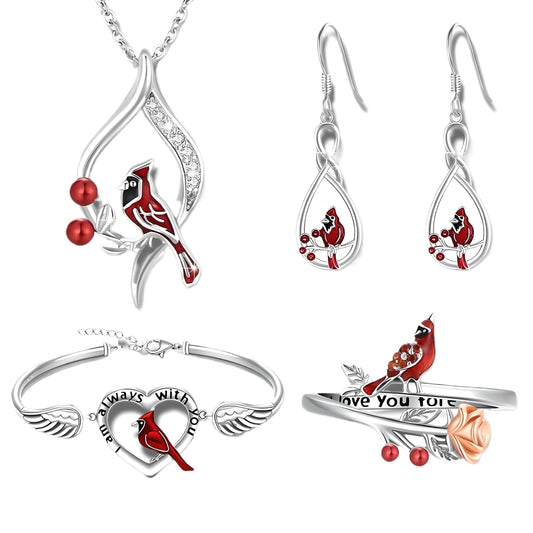 SUPAC Red Cardinal Jewelry Set, Necklace, Dangle Earrings, Bracelet, and Adjustable Ring - Cardinal Jewelry Gift