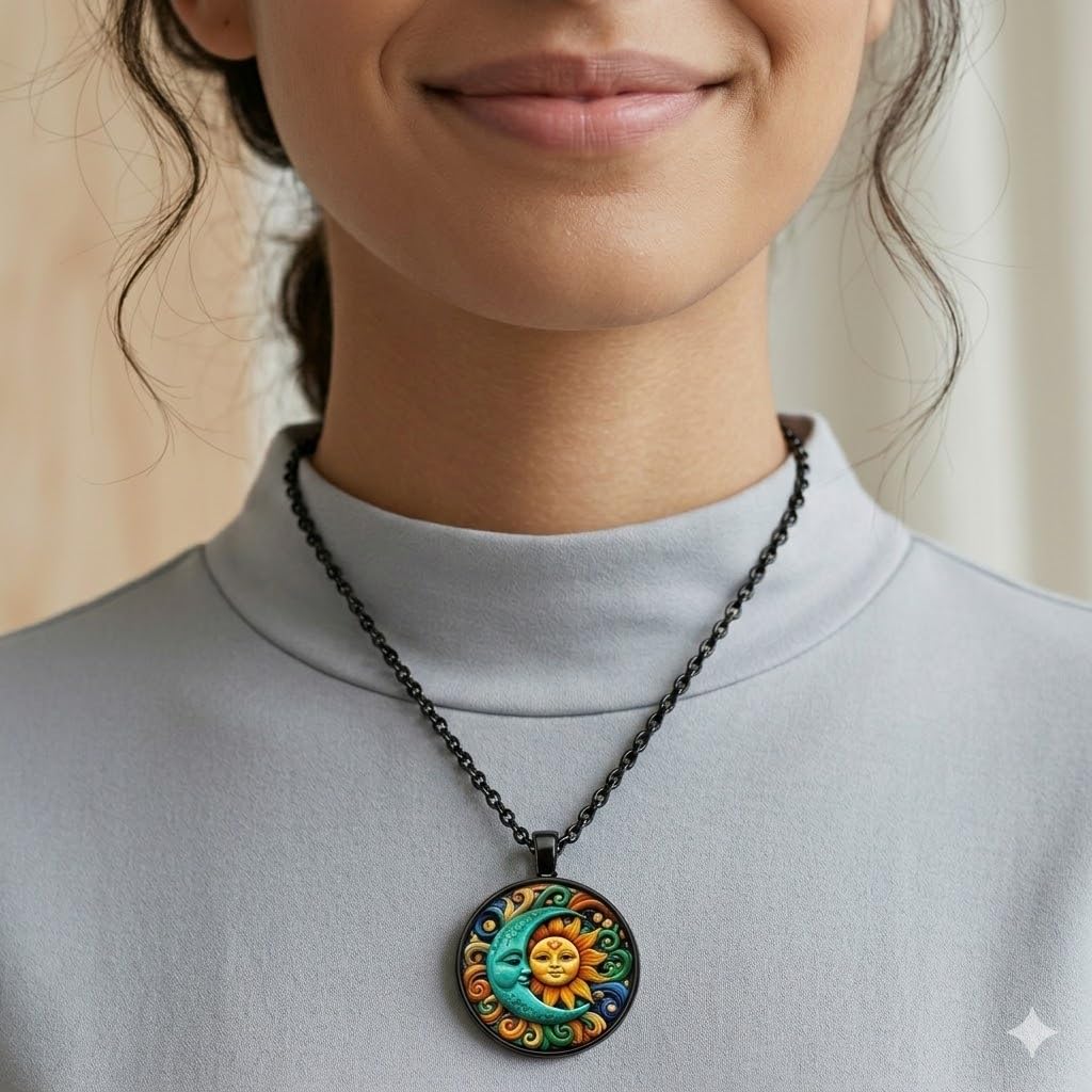 1pc Stunning Round Pendant Necklace - Unique Sun & Moon Pattern, Oil Painting Style Glass Mosaic, Alloy Construction, Trendy Sweater Chain, Fashionable Gift for Women - Christmas or Birthday Gift