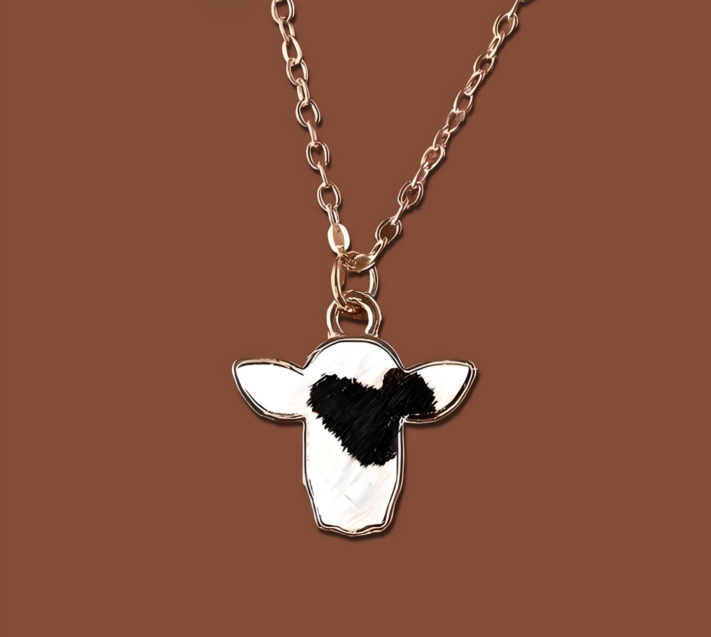 SUPAC Cow Print Pendant Necklace, Gold Chain, Black and White Enamel, Western Style - Cowhide Hair
