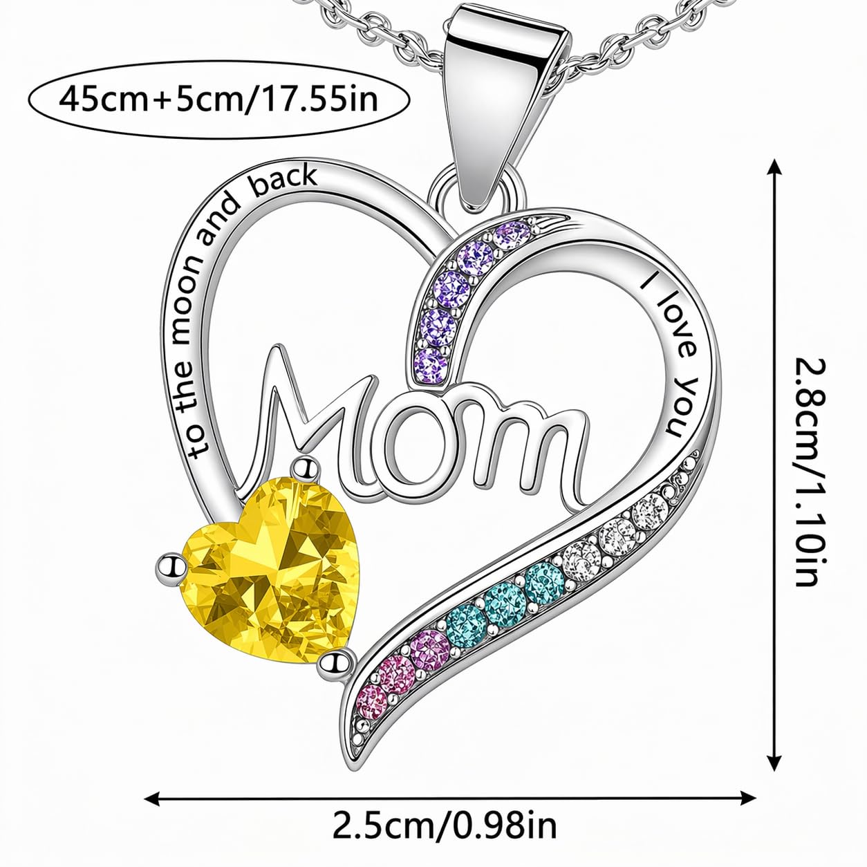 SUPAC Heart Mom Necklace, Sterling Silver Crystal Pendant with Pink Heart Stone, I Love You to the Moon and Back - Mother's Day Gift