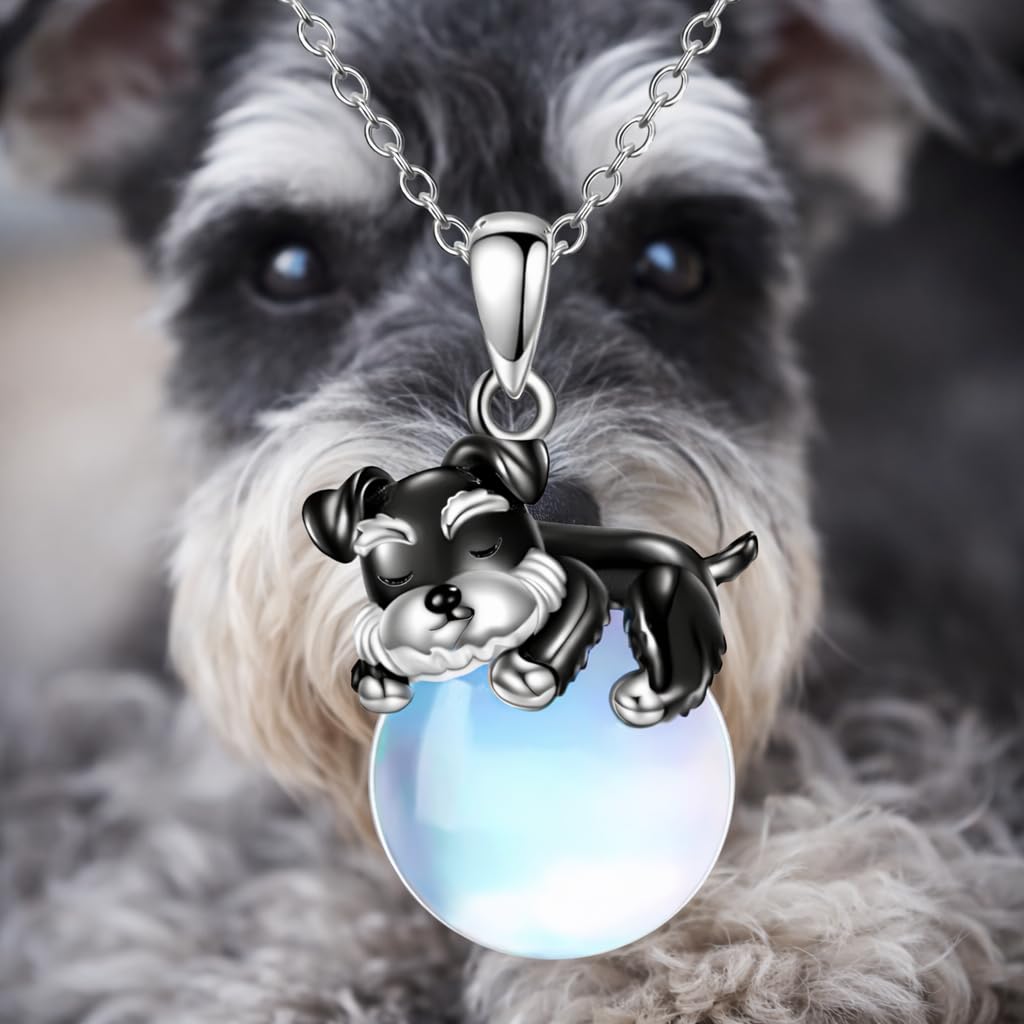 SUPAC Cute Schnauzer Dog Jewelry Set with Moonstone, Black and Blue Crystal Pendant Necklace and Dangle Earrings, 2.5 inch Length