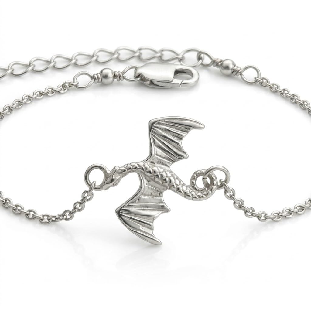 SUPAC Dragon Charm Bracelet, Silver Plated Stainless Steel, Adjustable Chain, Hypoallergenic, Waterproof, 9.84 in + 1.97 in Extender