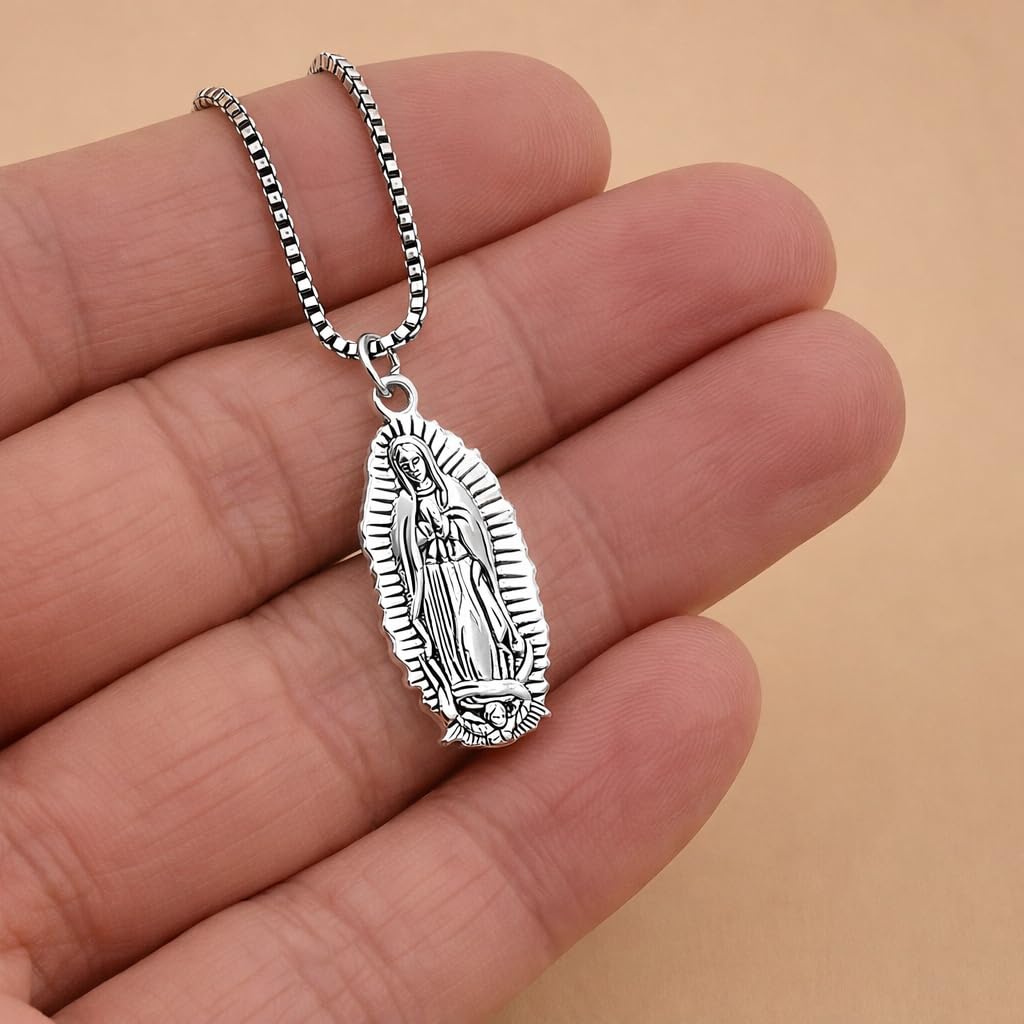 SUPAC Silver Virgin Mary Our Lady of Guadalupe Pendant Necklace, Perfectly Suited for Men and Women, Infusing Style with Spiritual Splendor - Stainless Steel Chain - Christmas or Birthday Gift