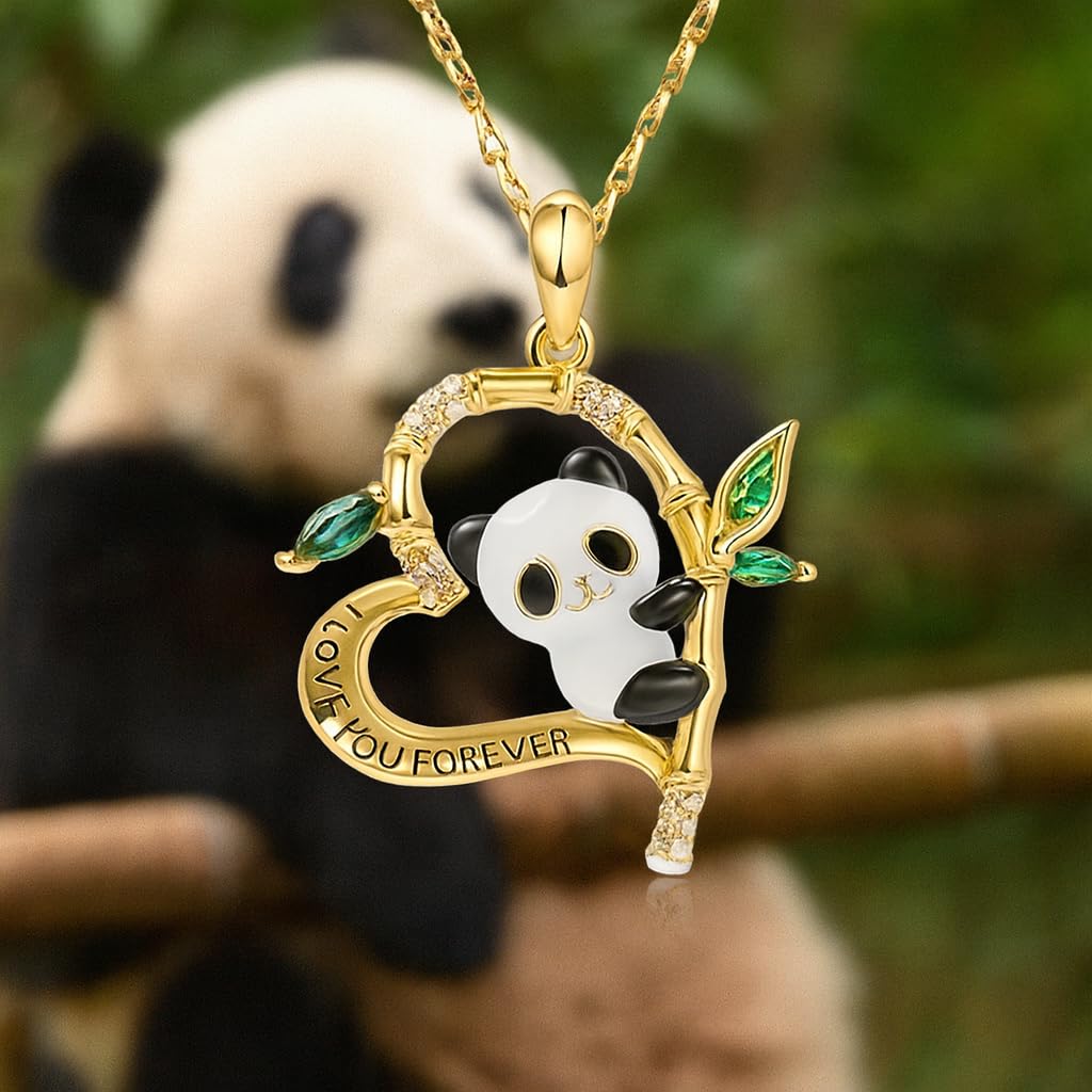 SUPAC Love You Forever Gold Panda Heart Necklace, 19.68 Inch Chain, Crystal Bamboo Leaves Design with Green Gemstones, Romantic Gift Jewelry