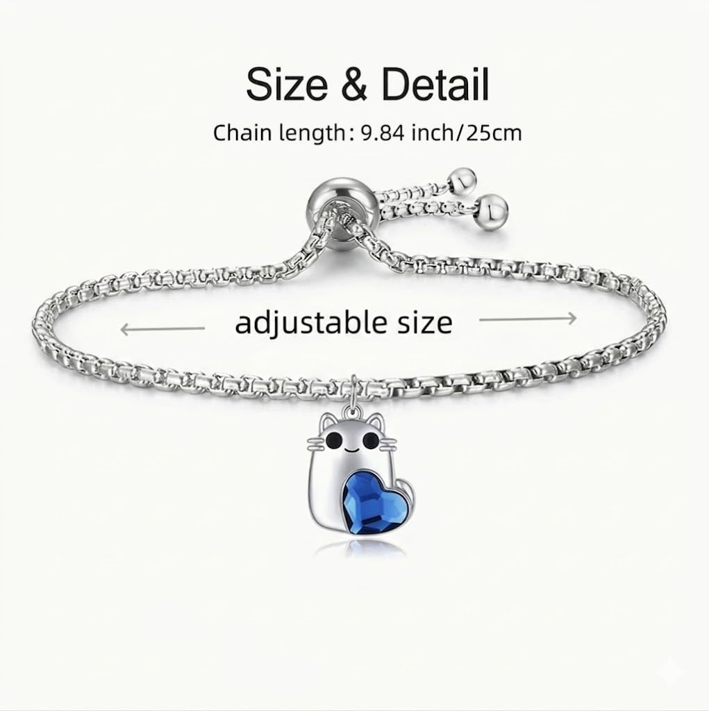 SUPAC Cute Cat Blue Crystal Heart Jewelry Set, Stainless Steel Necklace, Earrings and Bracelet, Hypoallergenic