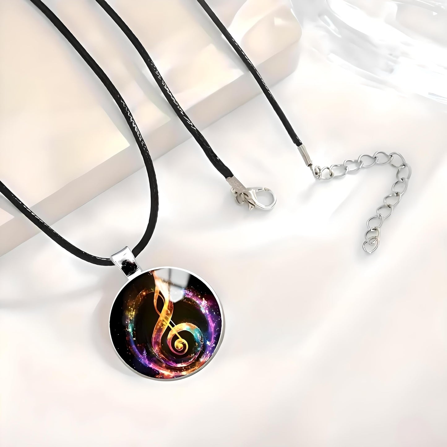 SUPAC Musical Note Pendant Necklace, Black Leather Cord, Eighth Note, Treble Clef, 17.7 Inch Chain with 2 Inch Extension