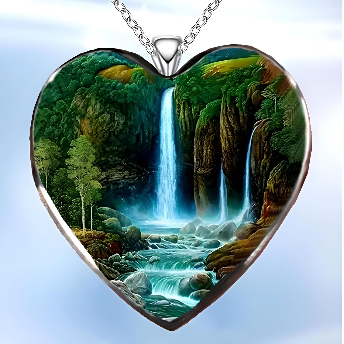 Waterfall Heart Pendant Necklace, Scenic Landscape Design - Beautiful Glass Heart, Birthday, Holiday, or Christmas Gift