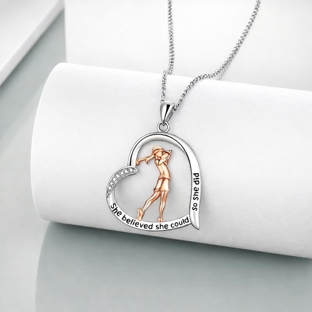 SUPAC Creative Sports Golf Girl Heart-shaped Pendant Necklace, Elegant Golf Jewelry, Birthday Party Christmas Gift: She believed she could so she did