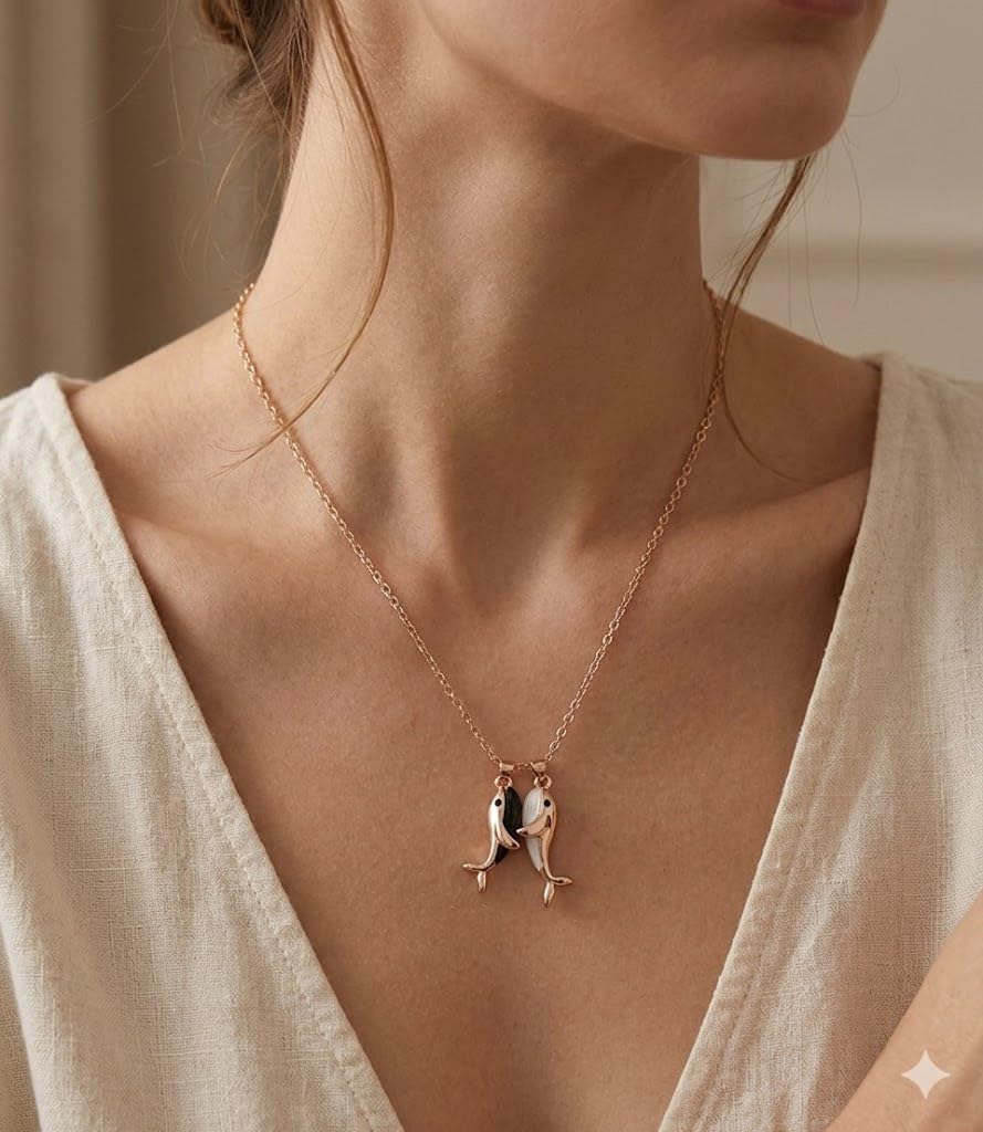 SUPAC Yin-Yang Whale Couple Necklaces, Magnetic Matching Set with Stone Inlays, Stainless Steel, Rose Gold and Silver Tone, 2 Piece Set