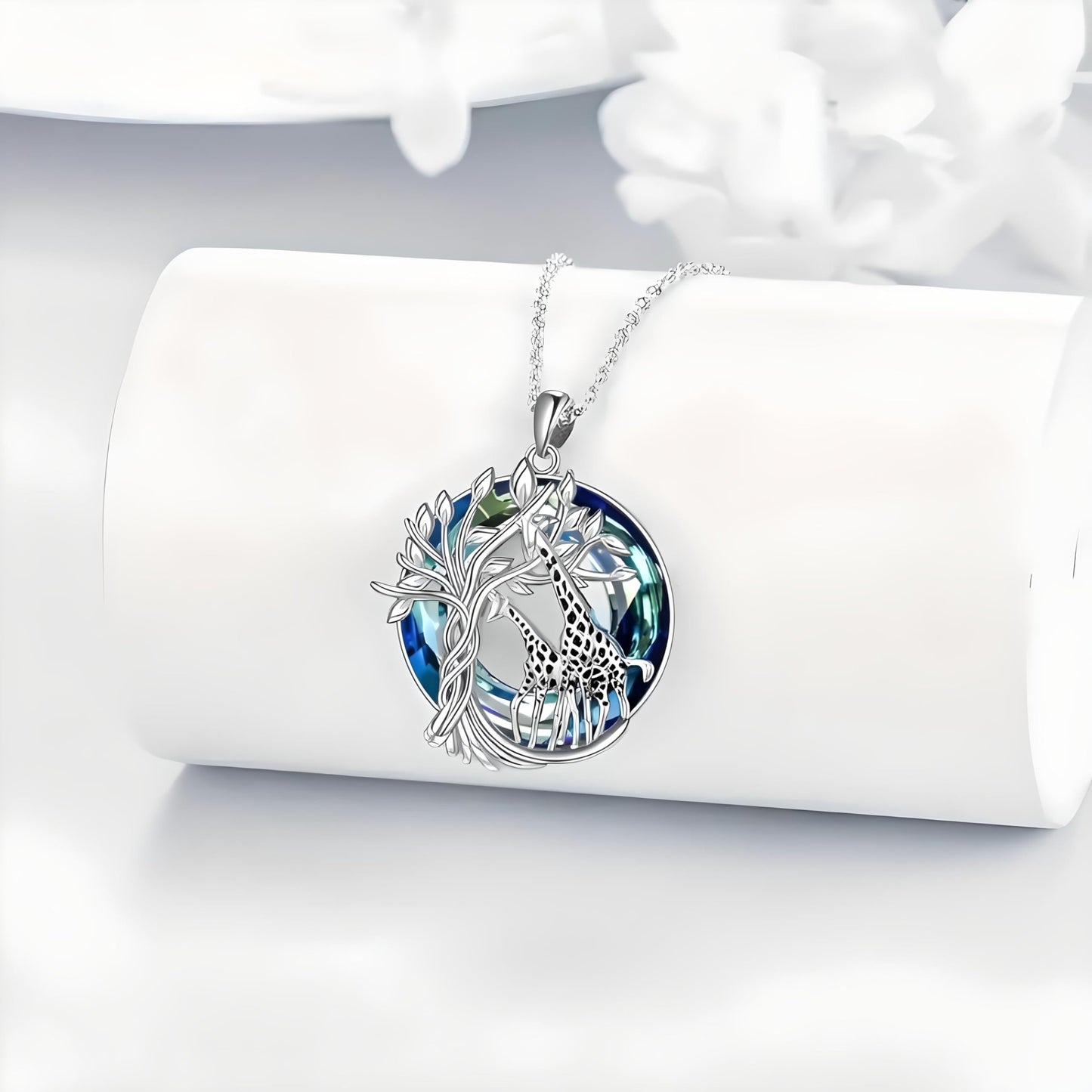 SUPAC Sterling Silver Tree of Life Giraffe Pendant Necklace, Blue Crystal Background, Gift for Animal Lovers!