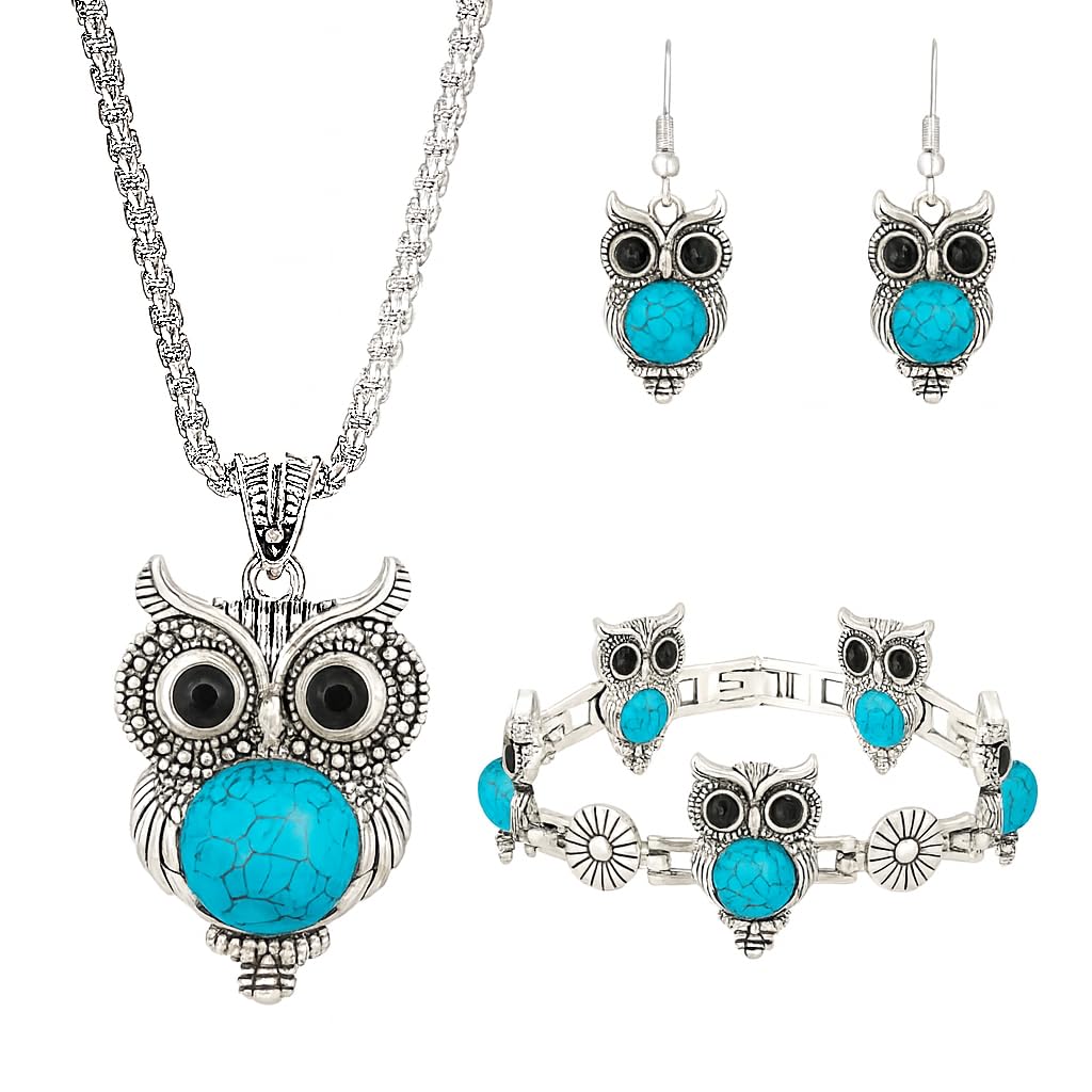 SUPAC Vintage Owl Jewelry Set with Turquoise Stones, Silver-Tone Necklace, Bracelet and Earrings, 27.5 inch Chain