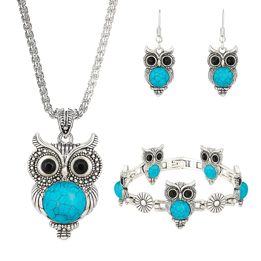 SUPAC Vintage Owl Jewelry Set with Turquoise Stones, Silver-Tone Necklace, Bracelet and Earrings, 27.5 inch Chain