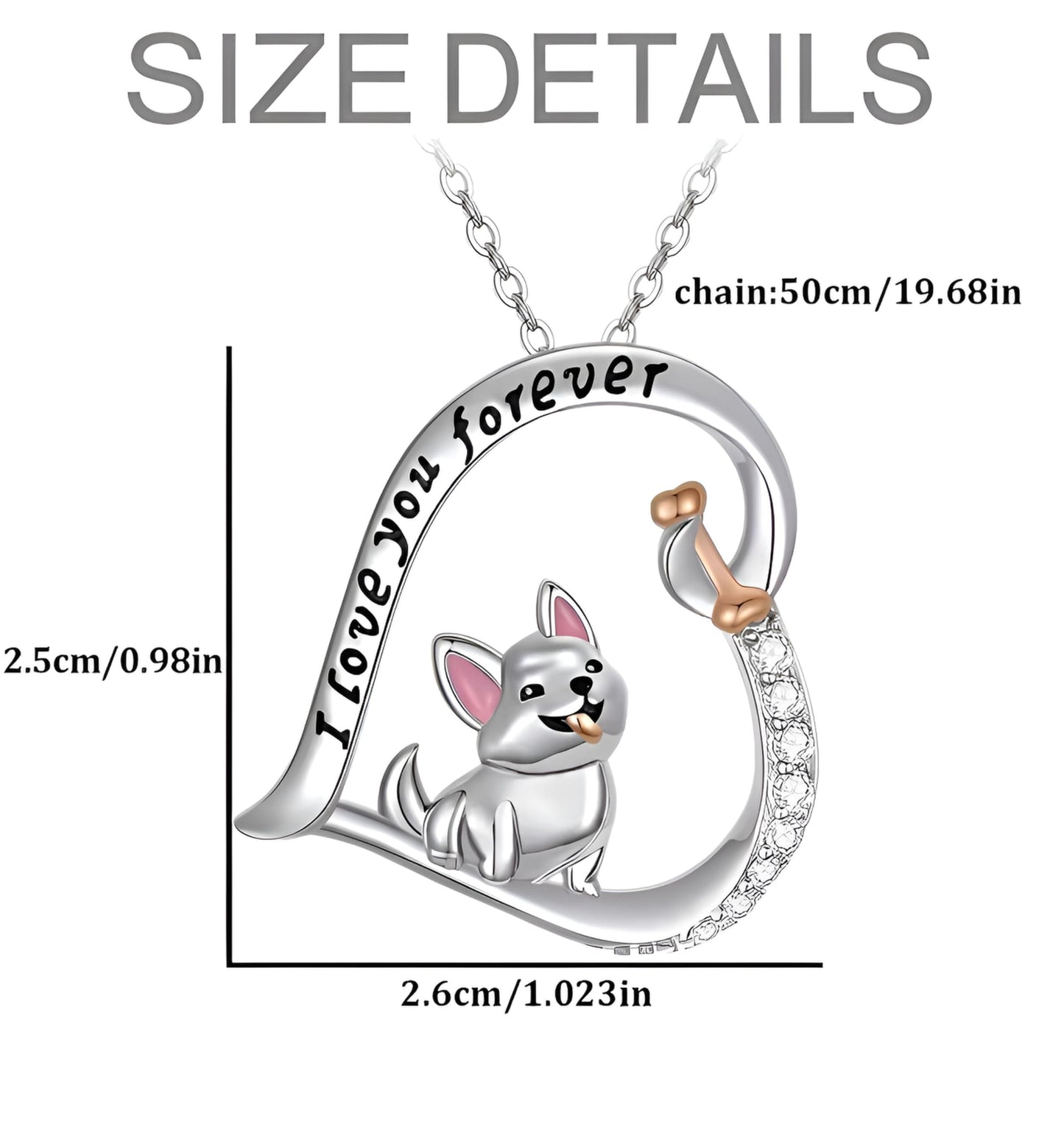 Schnauzer, French Bulldog, Boxer, Dog Heart Pendant Necklace, Stainless Steel, Crystal Accent, I Love You Forever, 19.7 inch Chain