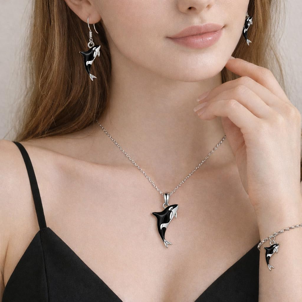 Orca Killer Whale Jewelry Set with Necklace, Earrings, Bracelet and Keychain, Black and Silver - Shamu Gift