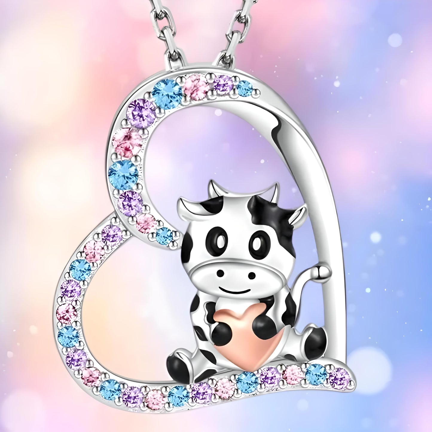 Blue Heart Shaped Mother and her Calf Cow Pendant Necklace for Women - Mother's Day Gift, Christmas, or Birthday Gift