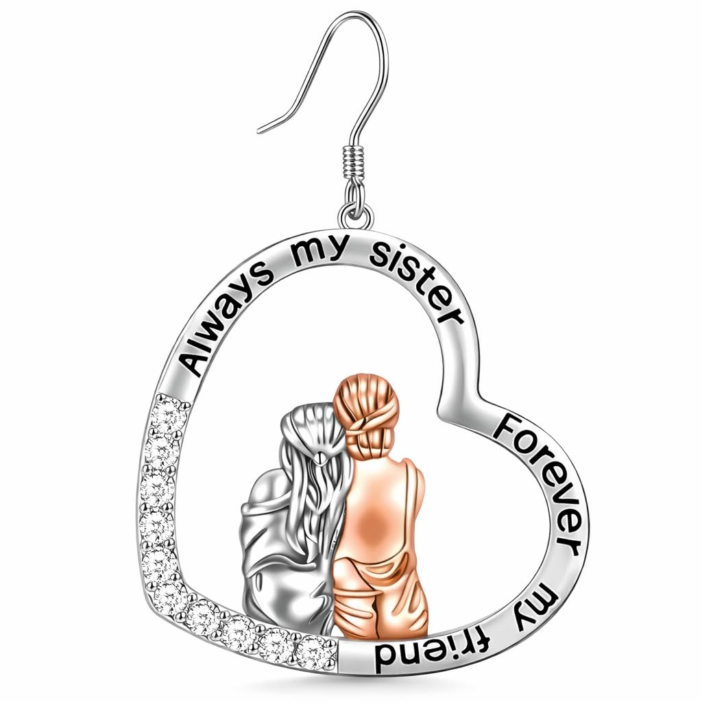 3PCS Sister Love Heart Pendant Necklace Set, Fashion Alloy, One necklace with Two Earings- White Gold Plated Jewelry for Women – "Always my sister, Forever my friend" -Ideal Birthday, Christmas, Party Gift