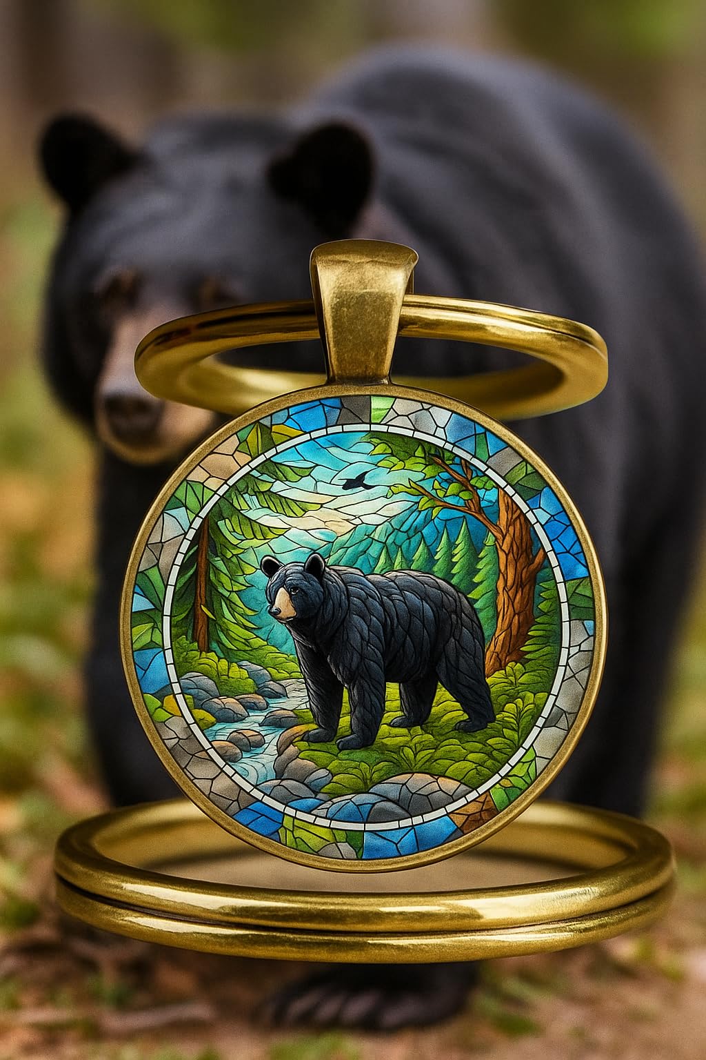 SUPAC 1pc Unique Bear With Forest Background Shaped Metal Keychain - Fashionable Circular Animal Keyring for Men and Friends