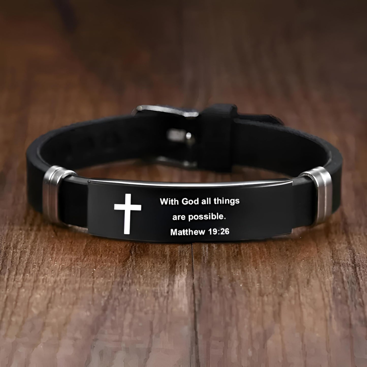 Christian Cross Bracelet with Proverbs 3:5, Phillipians 4:13, Matthew 19:26, Isaiah 41:10, Luke 1:37, Matthew 28:20 Scripture, Black Silicone Adjustable Watch Band, 9.05 inch Length