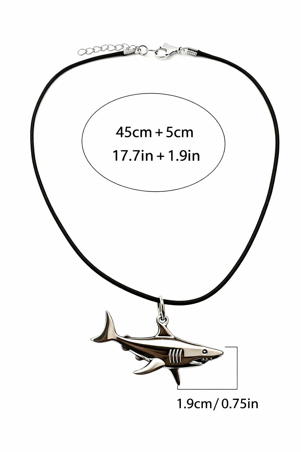 SUPAC Silver Shark Pendant Necklace, Black Cord, 17.7 inch Chain with 1.9 inch Extender