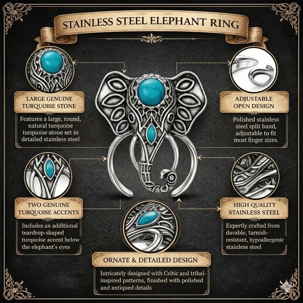 SUPAC Adjustable Vintage Elephant Ring with Turquoise Inlay – Unisex Boho Style Alloy Jewelry for Everyday & Party