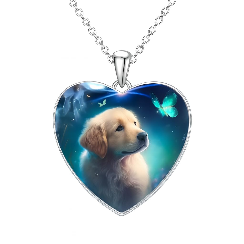 Heart-Shaped Pendant Necklace with Different Animals - Panda, Horse, Deer, Cat, Elephant, Dog Scenic Views, Stainless Steel Necklace with Glass Pendant - Christmas, Holiday, or Birthday Gift (Golden Retriver Puppy)