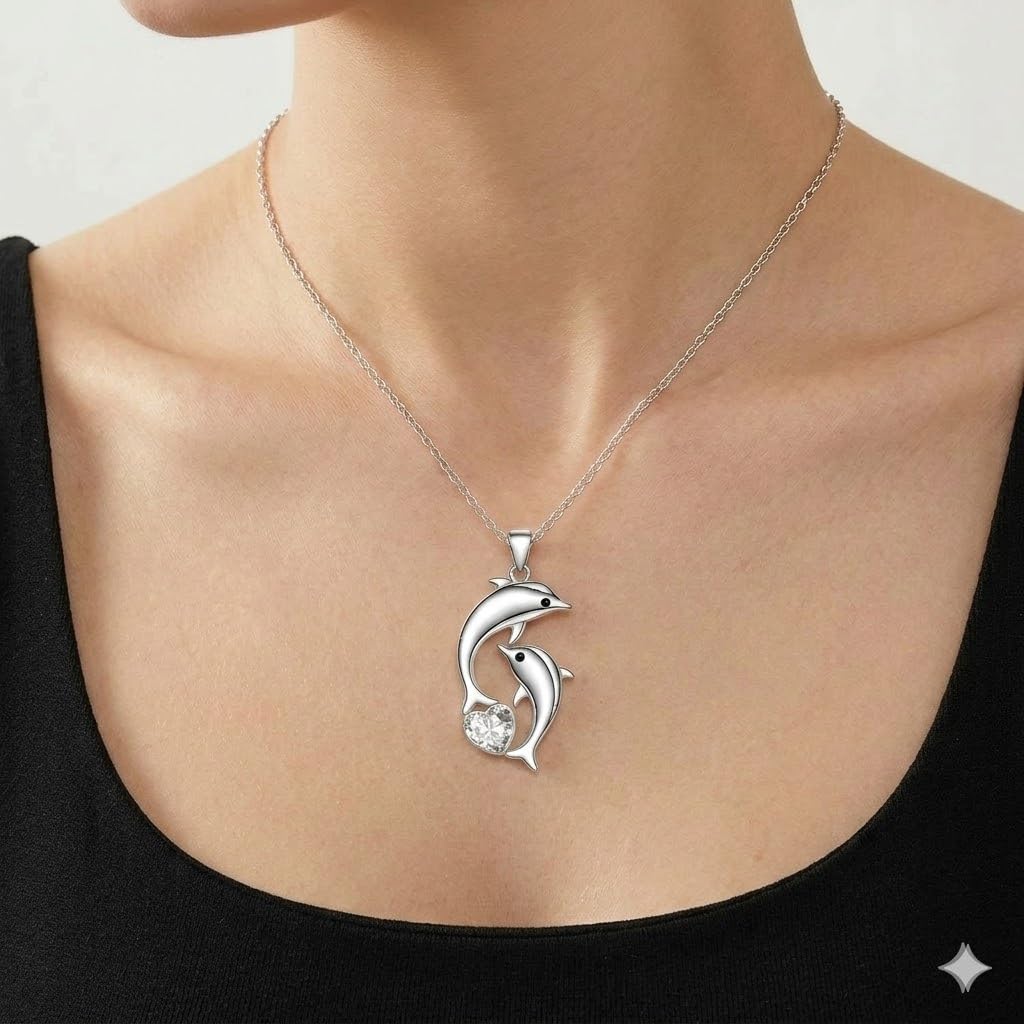 SUPAC Fashion Dolphin Necklace Heart-shaped Cubic Zirconia Decor Pendant Necklace, Cute Animal Dolphin Accessories - Christmas, Birthday Gift