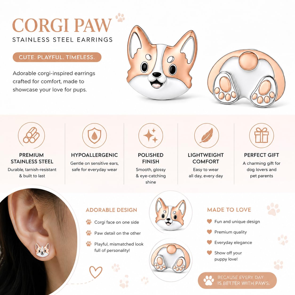 Dog Lovers' Earrings, Different Dog Breed Stud Earrings with Crystals, Rose Gold and Silver Tone - Party, Birthday, or Christmas Gift