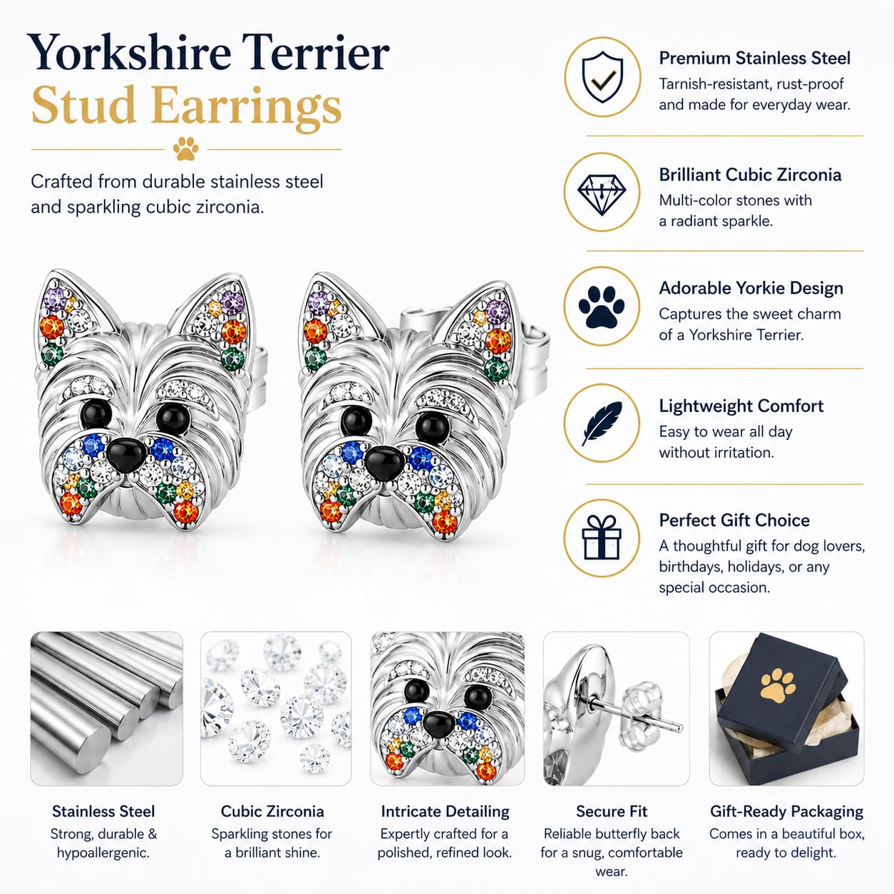 Dog Lovers' Earrings, Different Dog Breed Stud Earrings with Crystals, Rose Gold and Silver Tone - Party, Birthday, or Christmas Gift