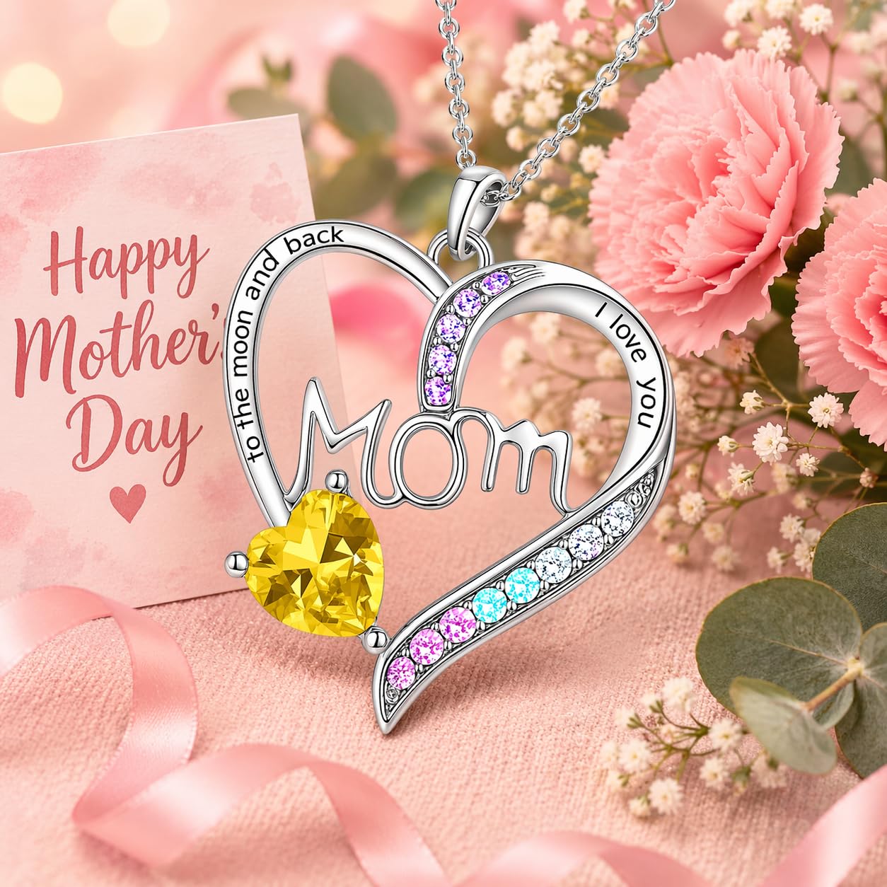 SUPAC Heart Mom Necklace, Sterling Silver Crystal Pendant with Pink Heart Stone, I Love You to the Moon and Back - Mother's Day Gift