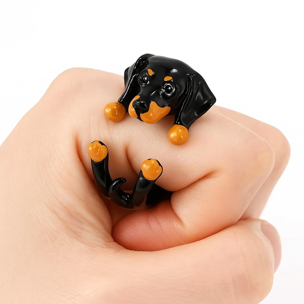 SUPAC Adjustable Silver Dog Ring, Westie Terrier and Bulldog Design, Fashion Jewelry (Black and Orange Dachshund)