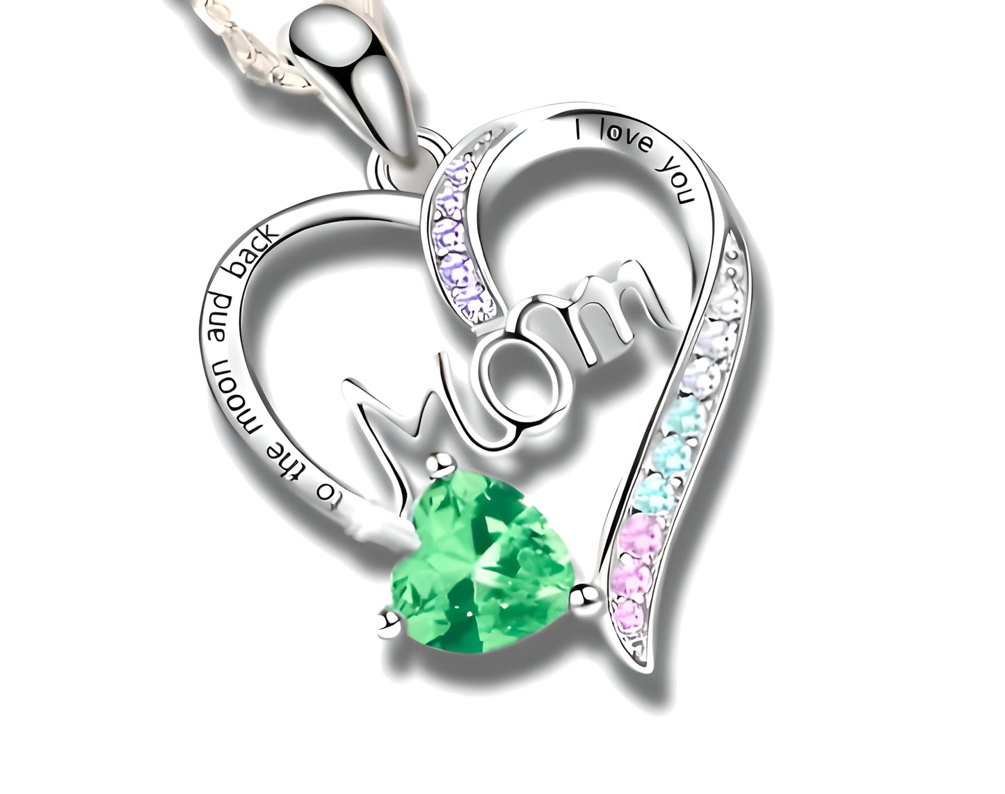 Heart Mom Necklace, Sterling Silver Crystal Pendant with Pink Heart Stone, I Love You to the Moon and Back - Mother's Day Gift