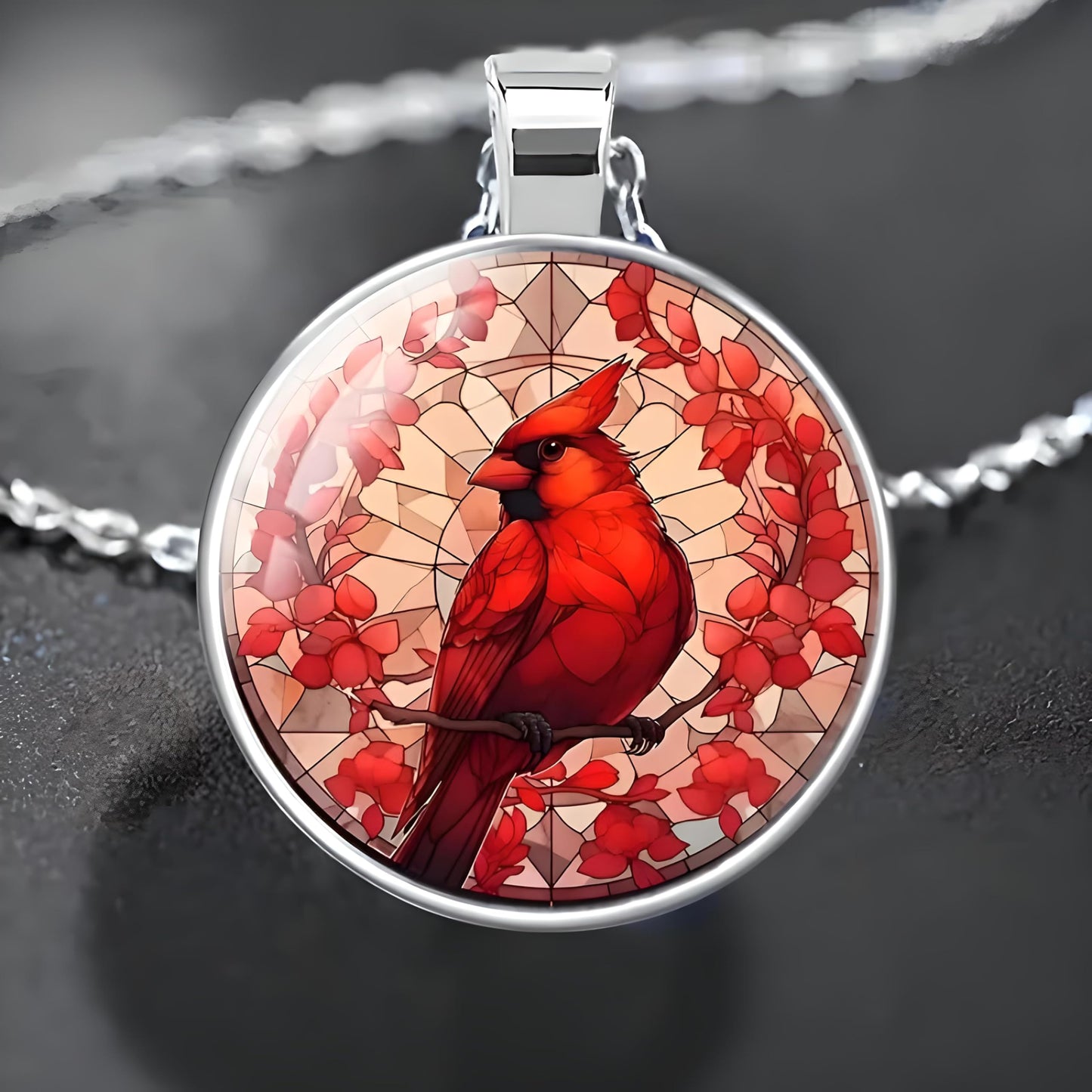 Red Cardinal Stained Glass Art Pendant Necklace, Silver Chain, Round Glass Dome