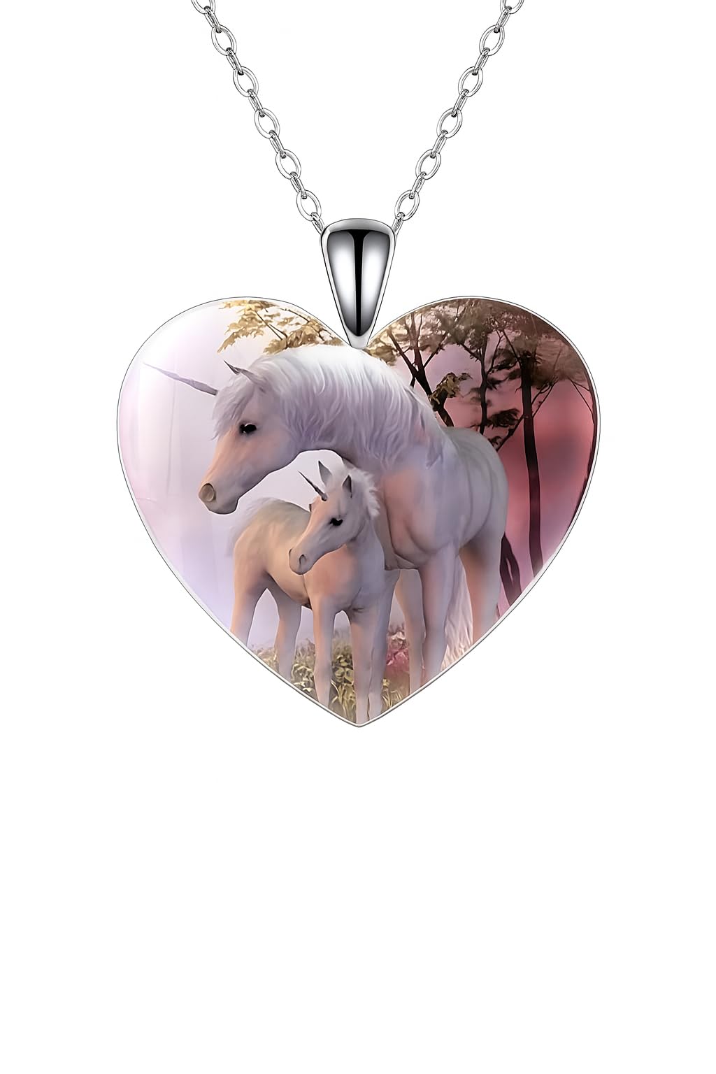 Heart-Shaped Pendant Necklace with Different Animals - Panda, Horse, Deer, Cat, Elephant, Dog Scenic Views, Stainless Steel Necklace with Glass Pendant - Christmas, Holiday, or Birthday Gift (Unicorns)