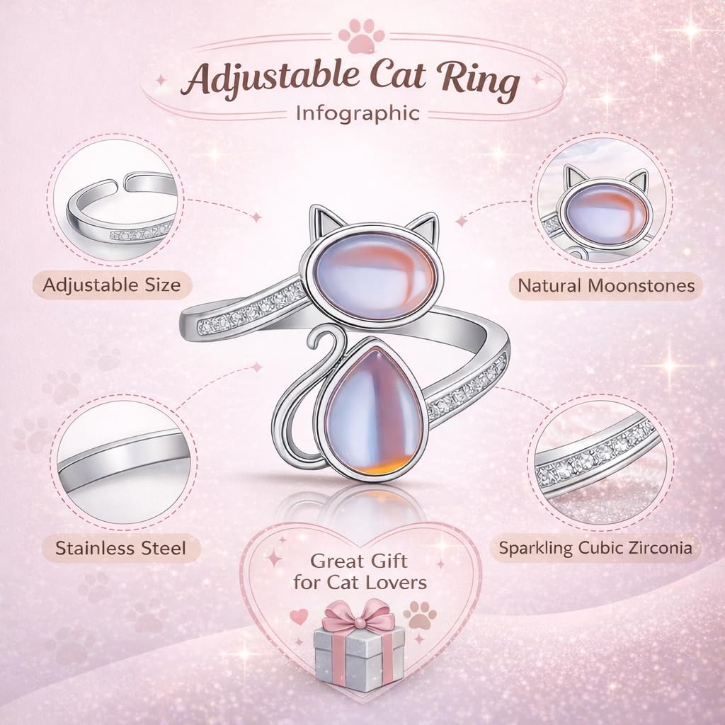 SUPAC Stainless Steel Cat Ring with Moonstone, Adjustable Band, Crystal Accents Design - Cat Lovers' Gift