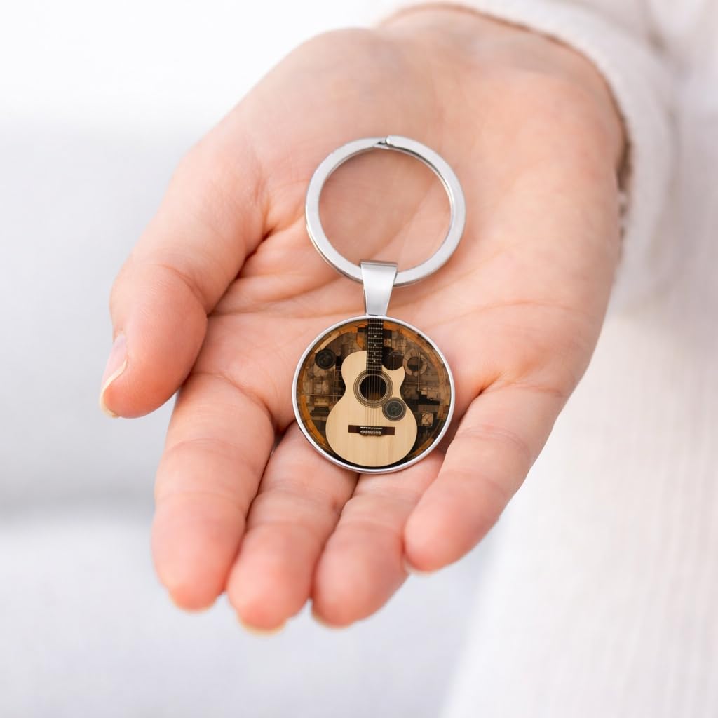 SUPAC Decorative Acoustic Guitar Keychain, 2D Flat Design, 1.18 inch Ring
