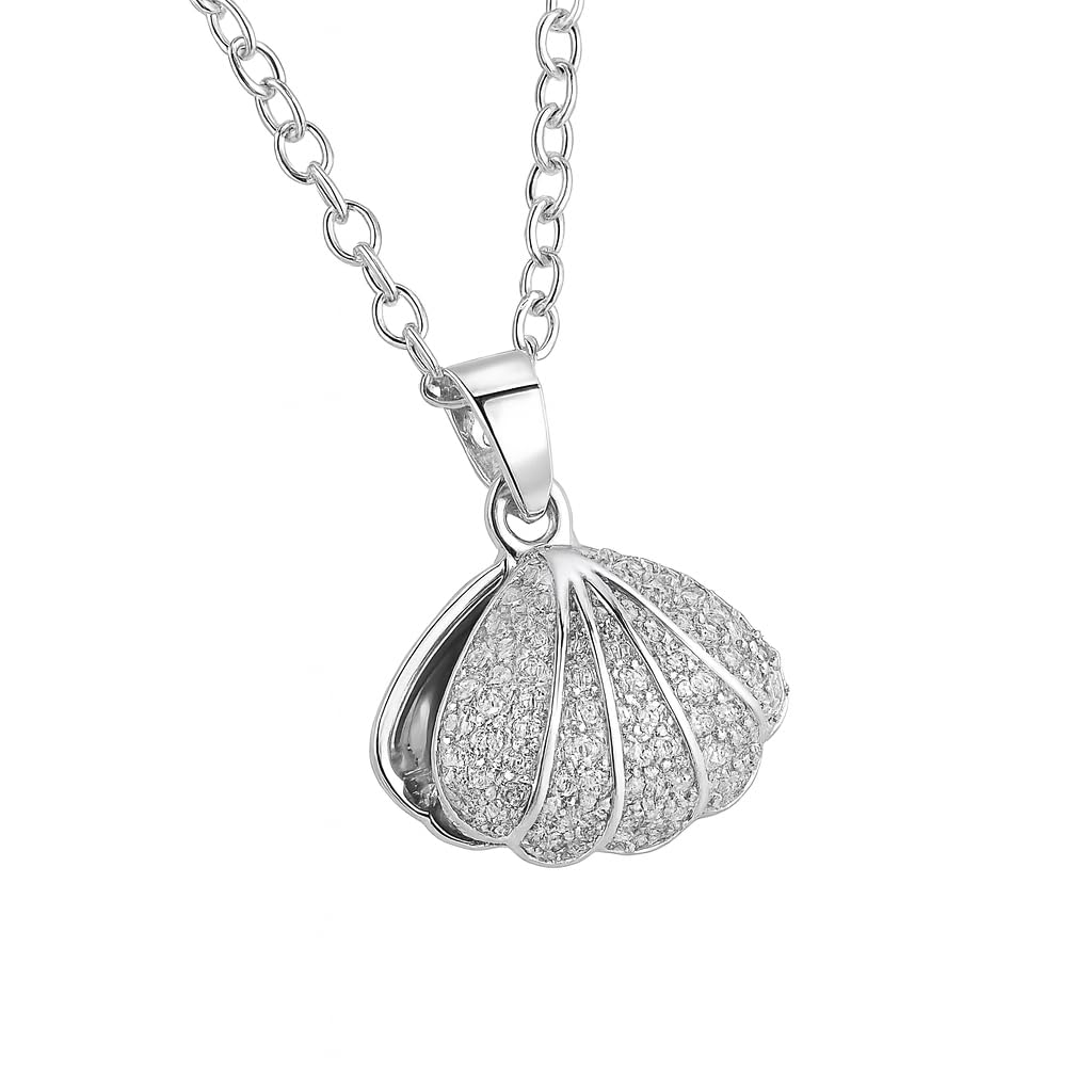 Crystal Clam Shell Oyster Pearl Pendant Necklace, 18 Inch Chain with 2 Inch Extender, Silver