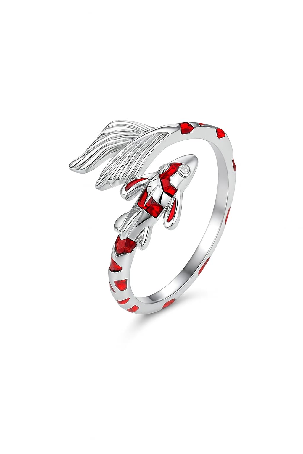 Stainless Steel Koi Fish Ring and Earrings Set with Red Enamel, Japanese Style - Koi Fish Jewelry Gift