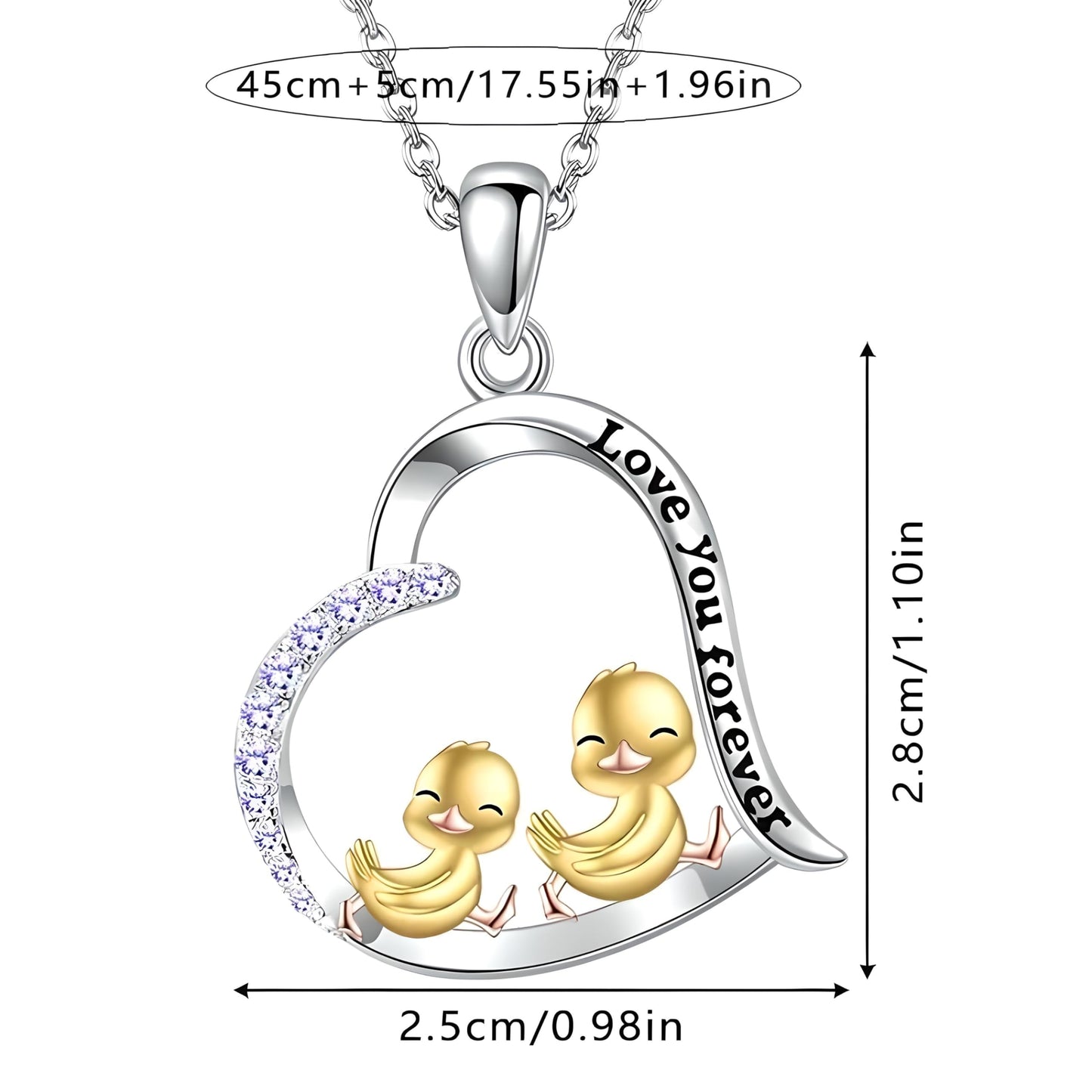 SUPAC Unique Heart-Shaped Duckling Pendant Necklace - Get Your Ducks in a Row! Forever in my heart -Exquisite Rhinestones, Plated White K Alloy, Fashionable Birthday Graduation Gift for Her