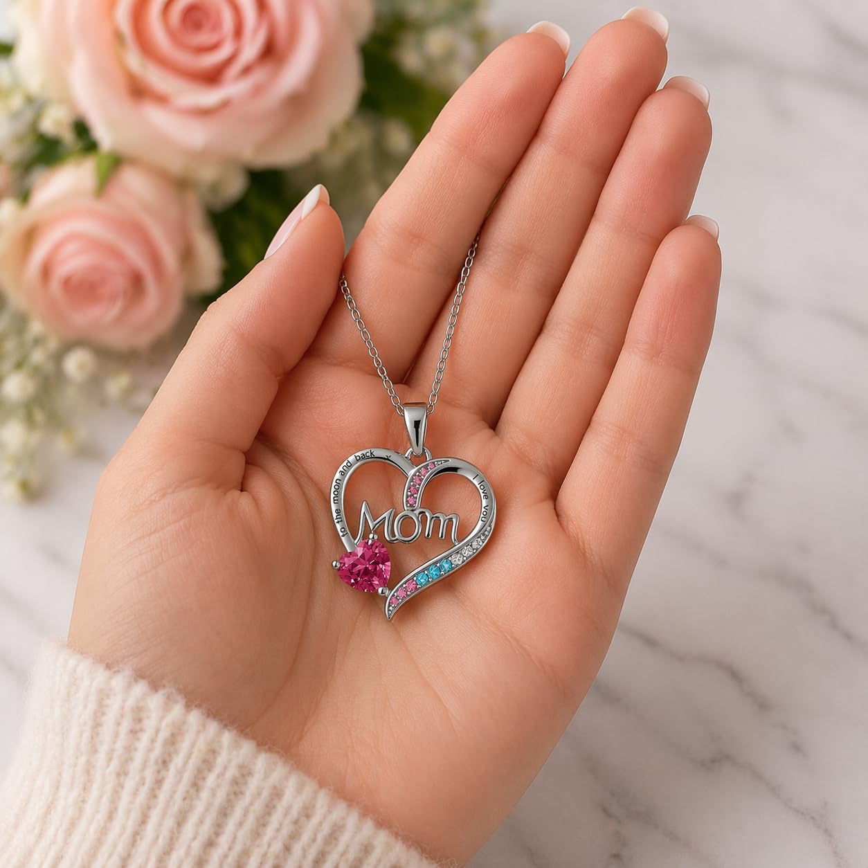 SUPAC Heart Mom Necklace, Sterling Silver Crystal Pendant with Pink Heart Stone, I Love You to the Moon and Back - Mother's Day Gift