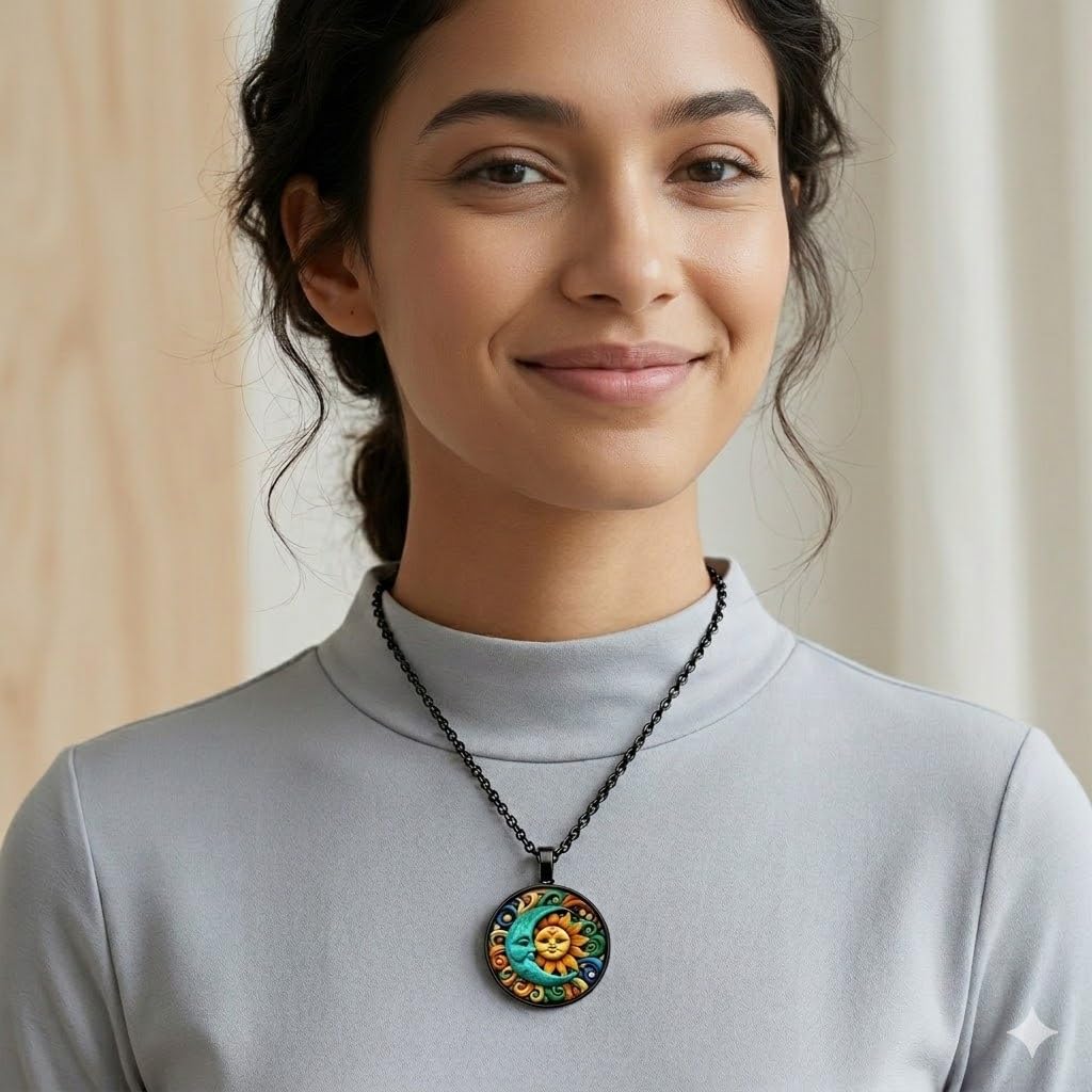 1pc Stunning Round Pendant Necklace - Unique Sun & Moon Pattern, Oil Painting Style Glass Mosaic, Alloy Construction, Trendy Sweater Chain, Fashionable Gift for Women - Christmas or Birthday Gift