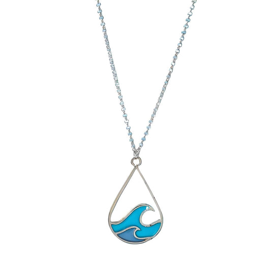 Ocean Wave Pendant Necklace, Silver Chain, Blue Enamel Design, Teardrop Shape