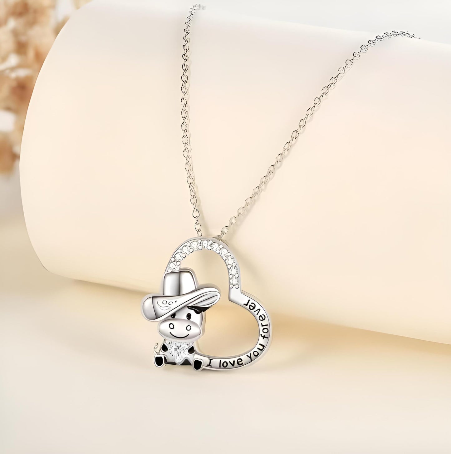 Blue Heart Shaped Mother and her Calf Cow Pendant Necklace for Women - Mother's Day Gift, Christmas, or Birthday Gift