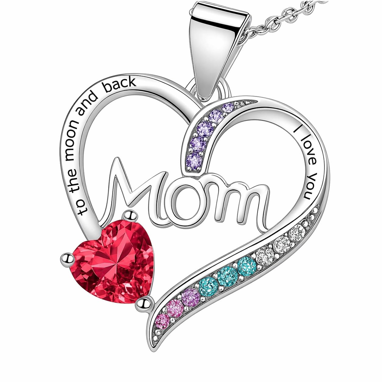 SUPAC Heart Mom Necklace, Sterling Silver Crystal Pendant with Pink Heart Stone, I Love You to the Moon and Back - Mother's Day Gift
