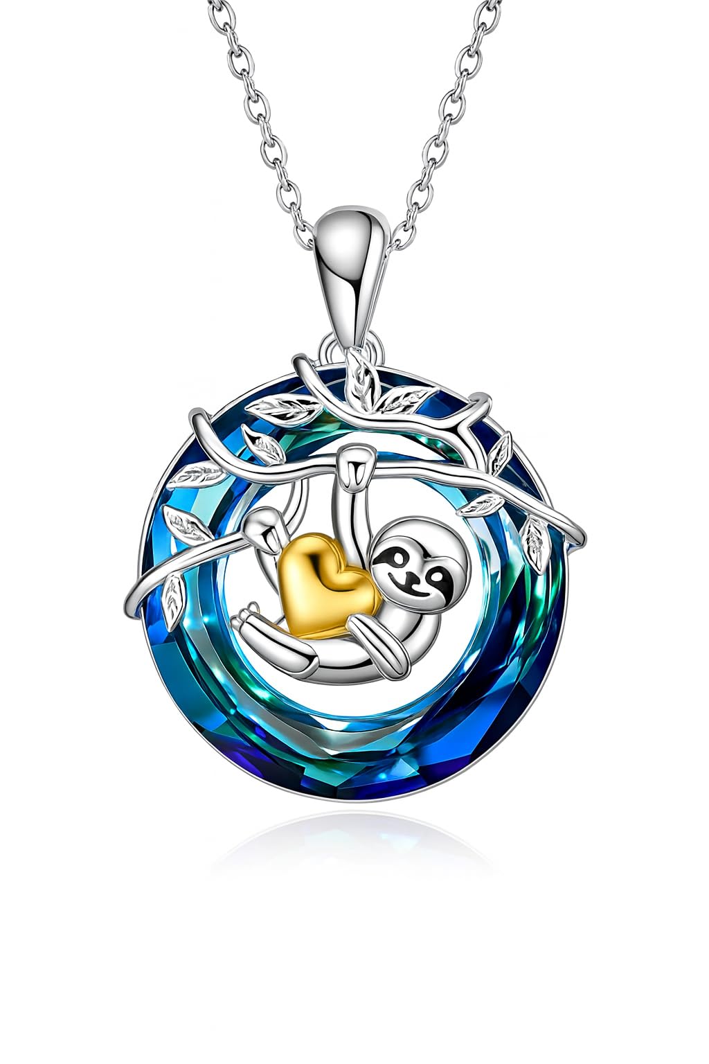 Sloth Pendant Necklace, Silver Chain, Crystal Rainbow Background - Gift for Friends (Sloth)