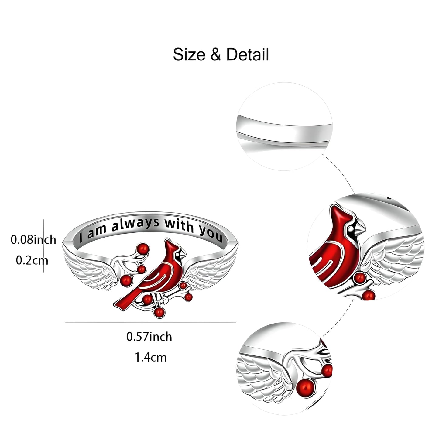 SUPAC Red Cardinal Wing Ring, and Necklaces, Silver-Plated 'I Am Always with You' Inspirational Message, Adjustable - Christmas, Party, or Birthday Gift