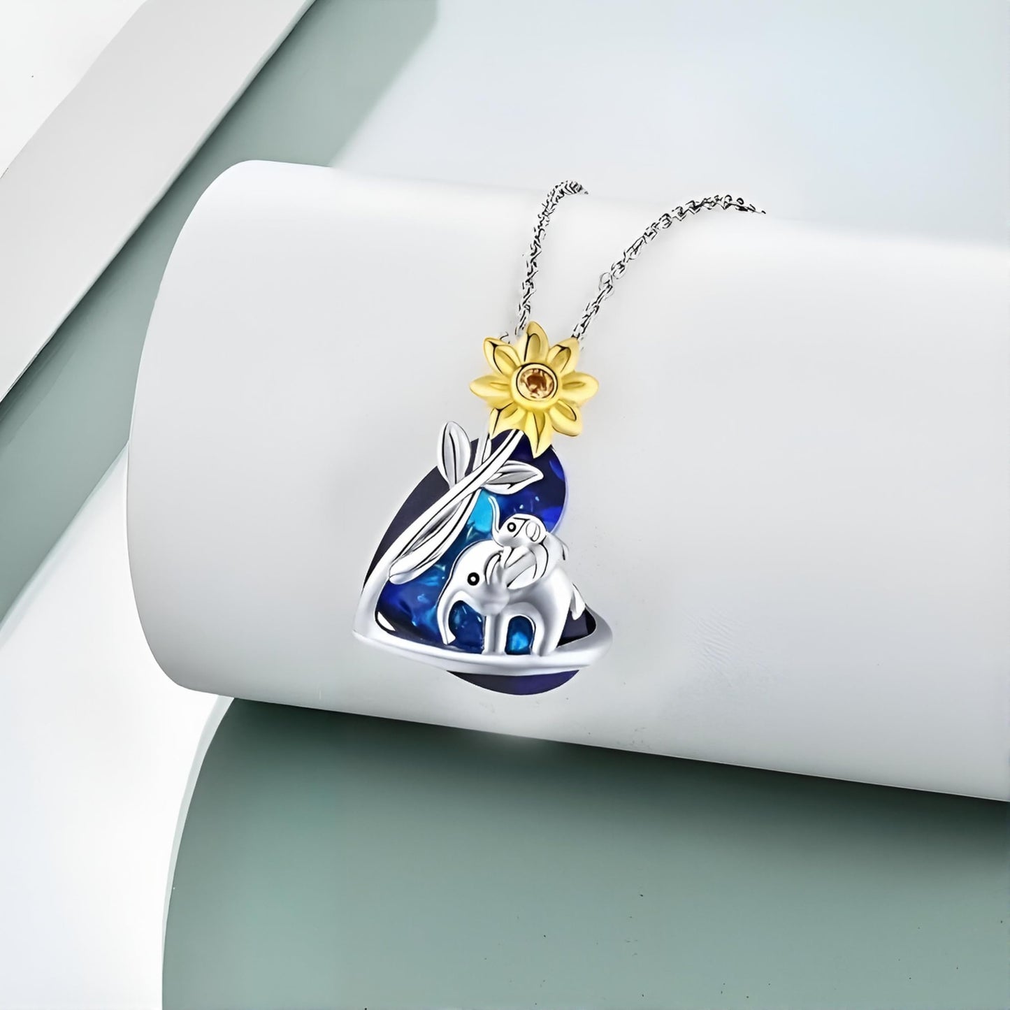 Stainless Steel Animal Pendant Necklace Set, Elephant with Sunflower, Hummingbird, Cat Design, Multi-Color Crystal (Elephant W/Sunflower)