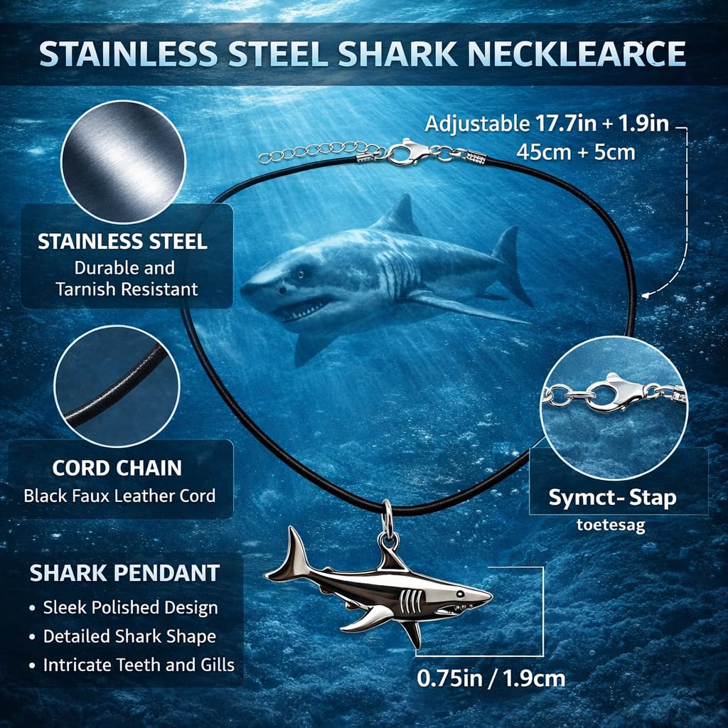 SUPAC Silver Shark Pendant Necklace, Black Cord, 17.7 inch Chain with 1.9 inch Extender