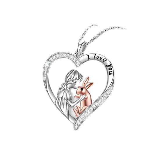 SUPAC Charming Woman & Rabbit Heart Pendant Necklace, I Love You, White Golden Plated Alloy, Birthday or Christmas Gift